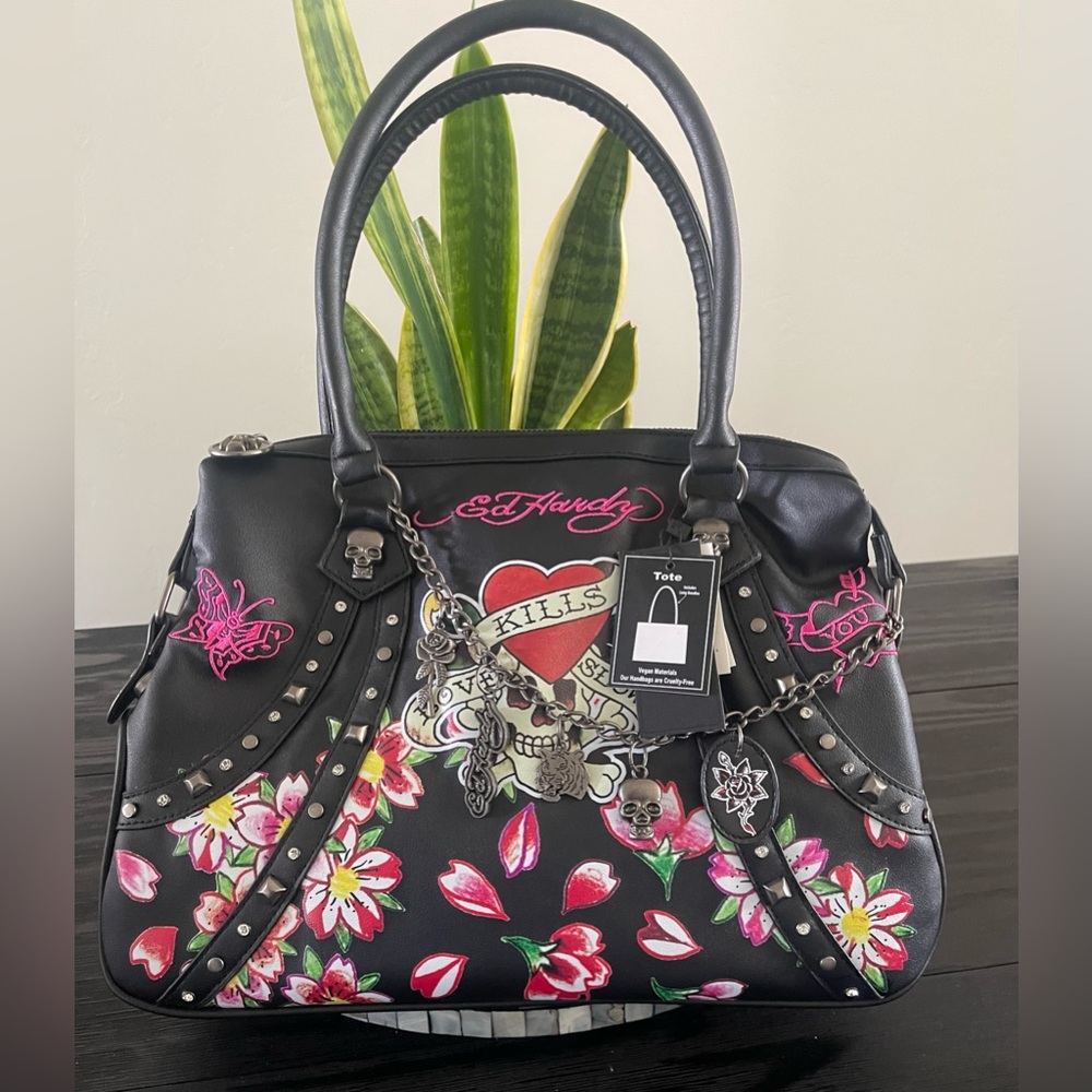 ED HARDY Love Kills Slowly Vegan Leather Tote Bag 15" x 10" NEW!
